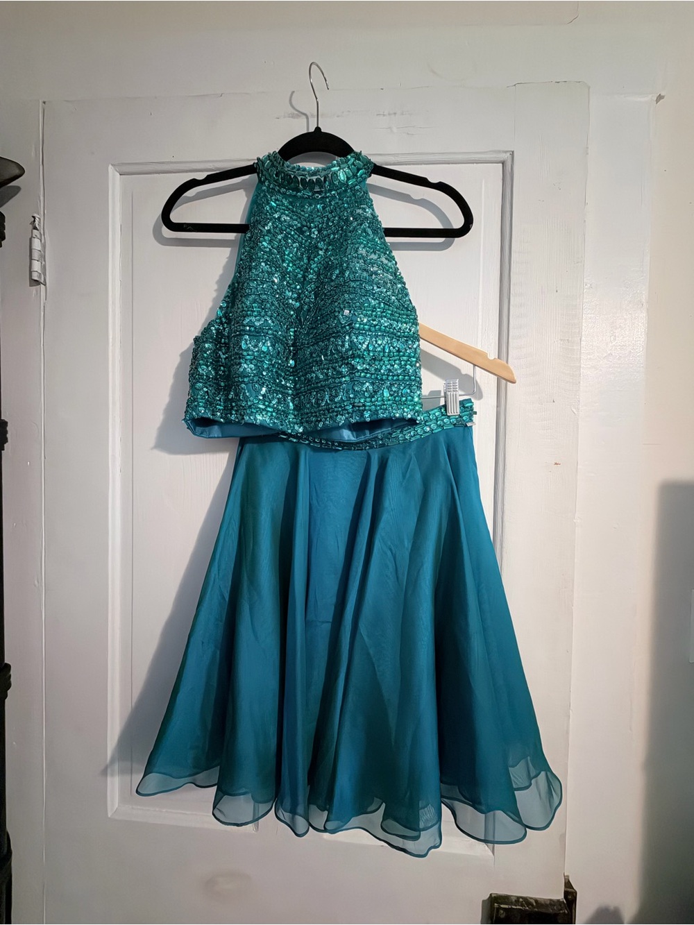 Sherri Hill Teal Sequin Halter Top & Chiffon Skirt Two-Piece Dress